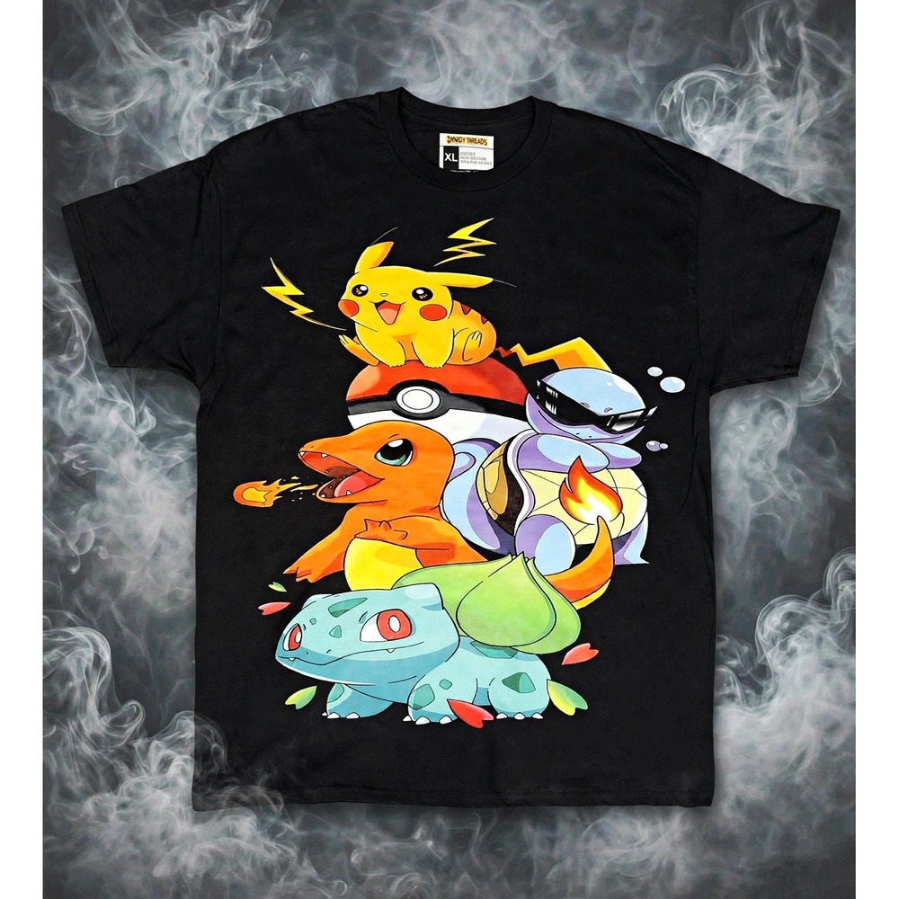 Pokemon Pikachu Charmander Squirtle Bulbasaur Black Graphic T-Shirt Mens XL